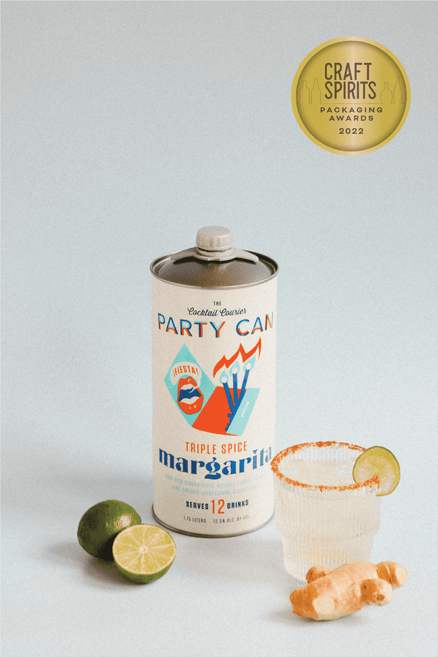 The Party Can Margarita Can with the cocktail in a glass with ice.